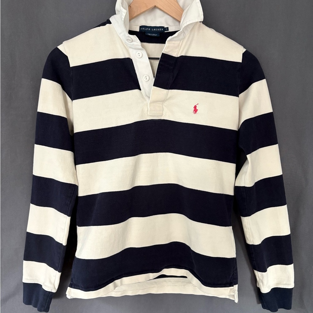 Ralph Lauren Women’s Navy and Cream Striped Rugby Polo Shirt